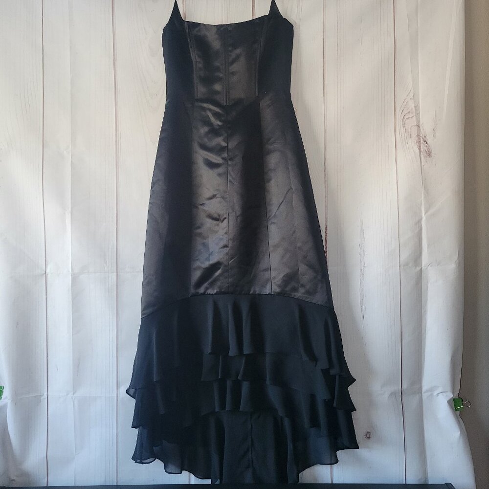 Vintage Y2K DE LARU Long Black Formal Dress, Sz 5/6, Maxi Halter Satin Ruffle